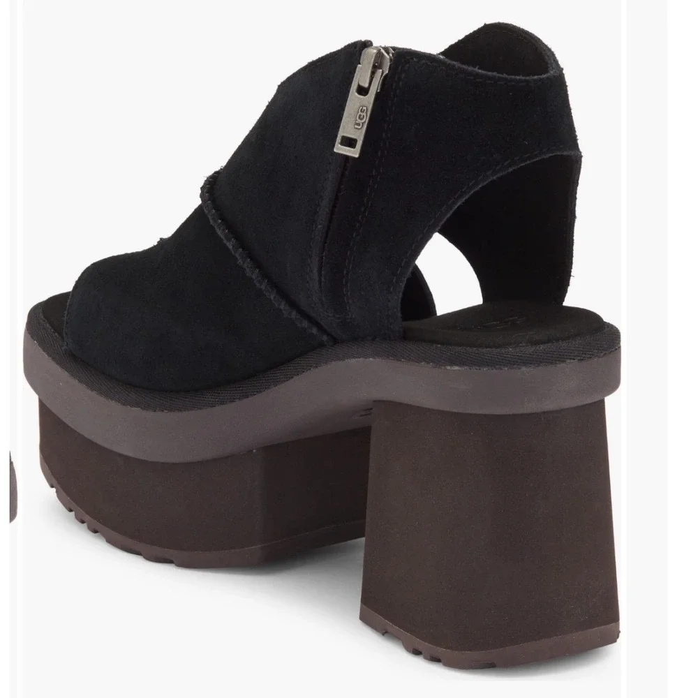 UGG Platform Sandals Womens Black Suede Chunky Block Heel Zip Up Open Toe 10 New - Picture 2 of 11